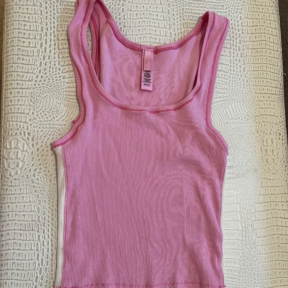 SKIMS Pink and White striped Ribbed Tank